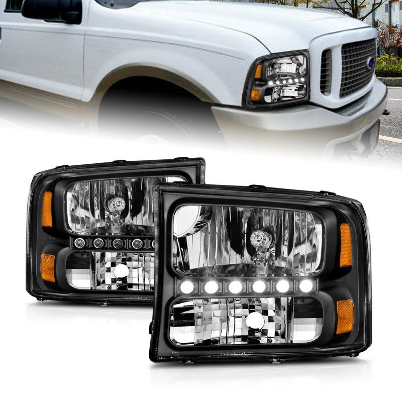 ANZO 2000-2004 Ford Excursion Crystal Headlights Black w/ LED 1pc - 111106
