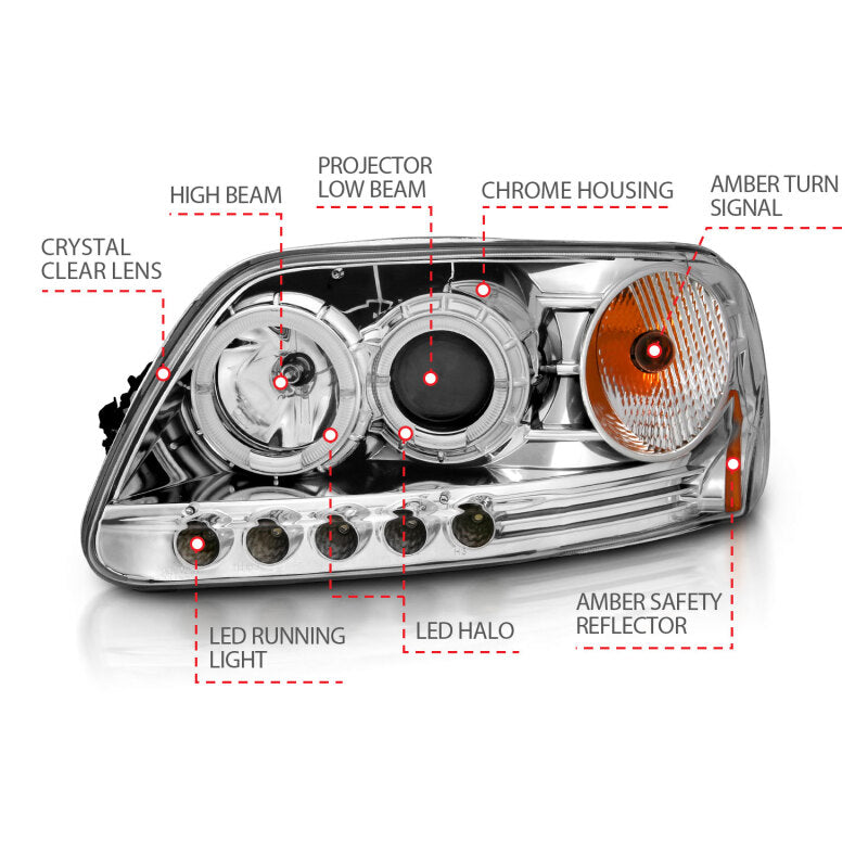 ANZO 1997.5-2003 Ford F-150 Projector Headlights w/ Halo and LED - 111032