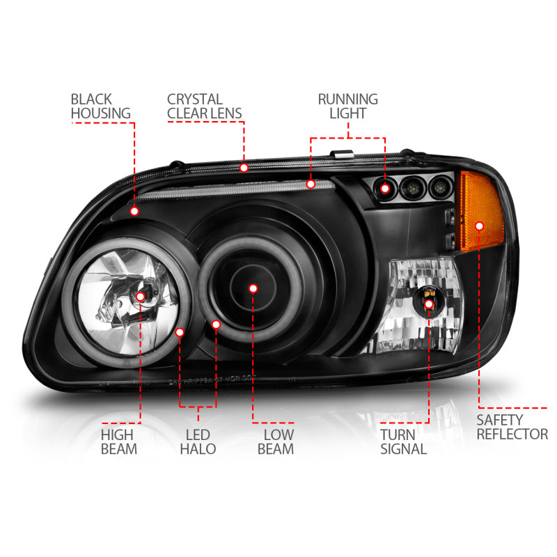 ANZO 1995-2001 Ford Explorer Projector Headlights w/ Halo Black 1 - 111132