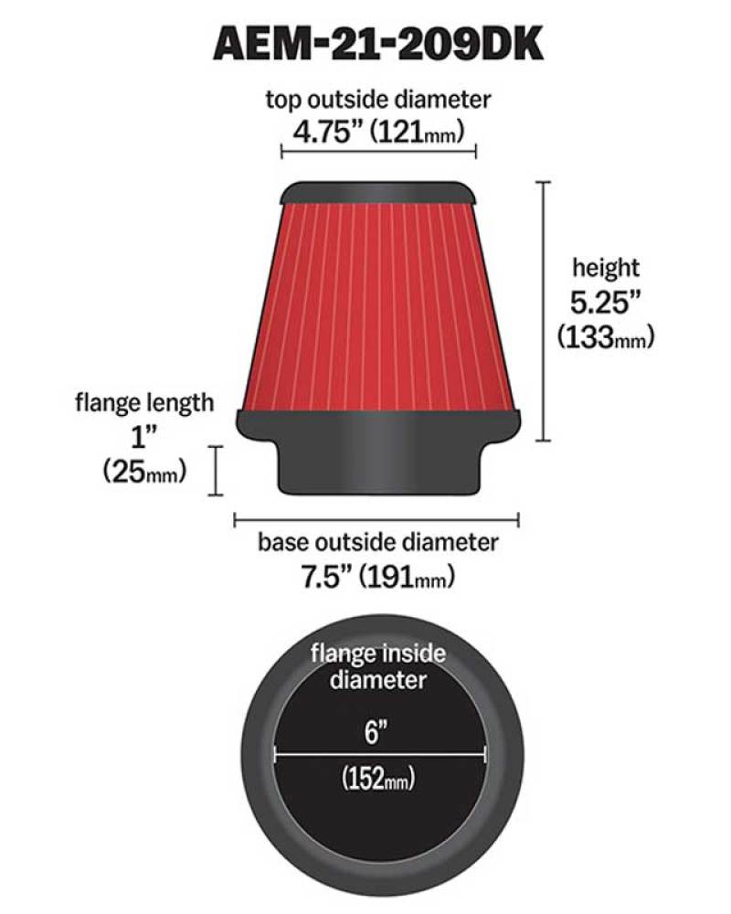 AEM 6 in x 5 in Dryflow Conical Air Filter - 21-209DK
