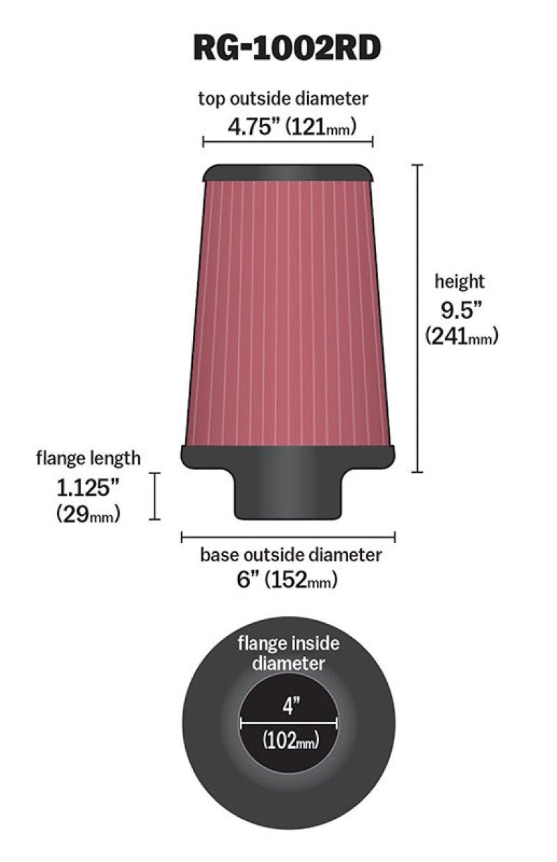 K&N Universal Air Filter Chrome Round Tapered Red - 4in - RG-1002RD