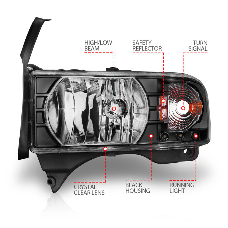 ANZO 1994-2001 Dodge Ram Crystal Headlights Black w/ LED - 111205