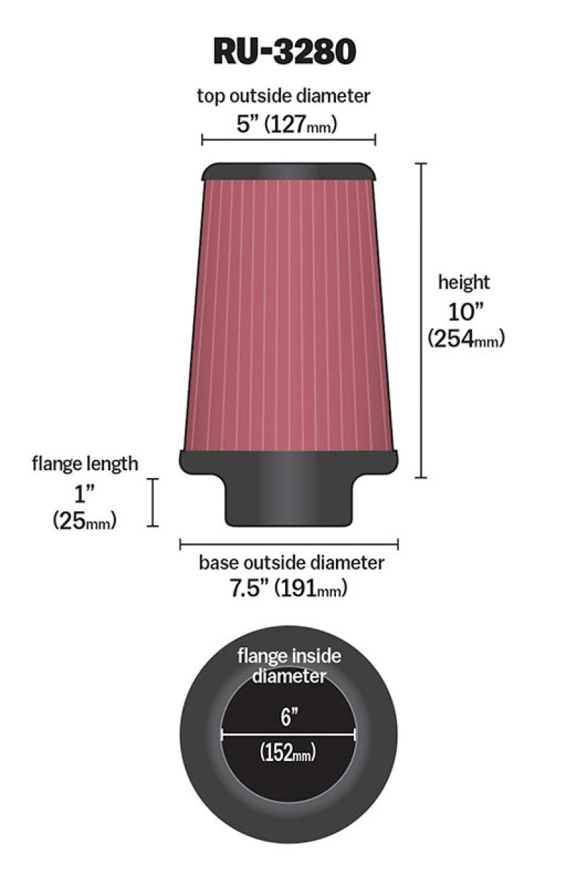 K&N Filter Universal Rubber Filter 6 inch Flange 7.5 inch - RU-3280