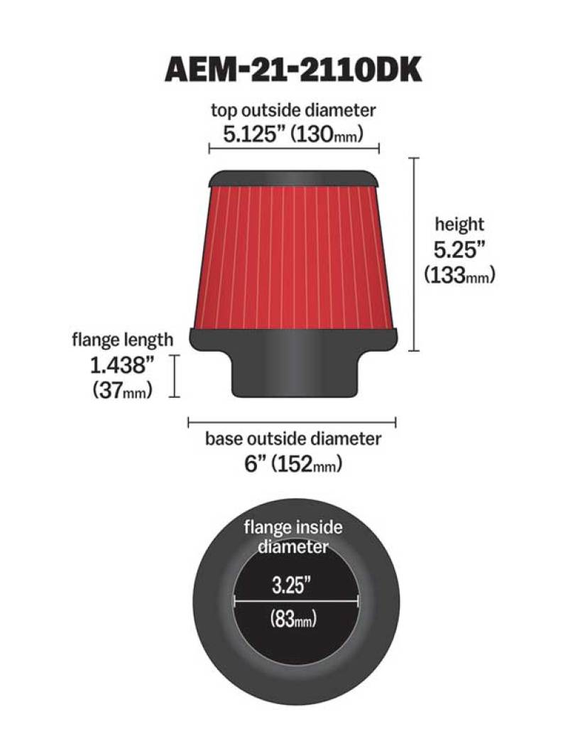 AEM 3.25 in DRY Flow Short Neck 5 in Element - 21-2110DK
