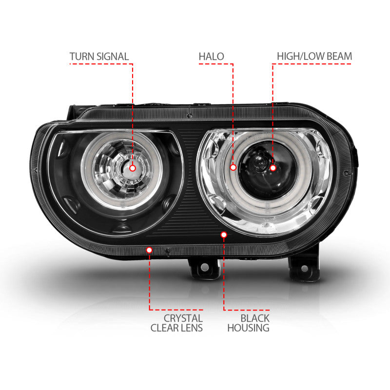 ANZO 2008-2014 Dodge Challenger Projector Headlights w/ Halo Black (CCFL) - 121308