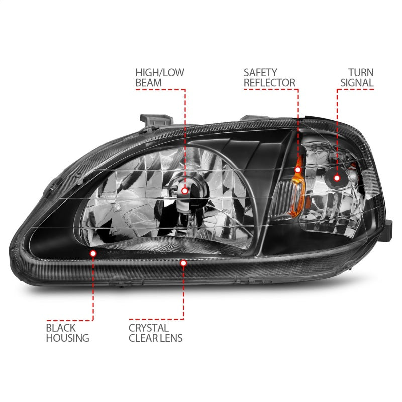 ANZO 1999-2000 Honda Civic Crystal Headlights Black - 121070