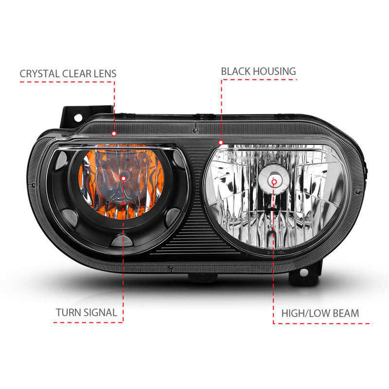 ANZO 2008-2014 Dodge Challenger Crystal Headlights Black - 121526