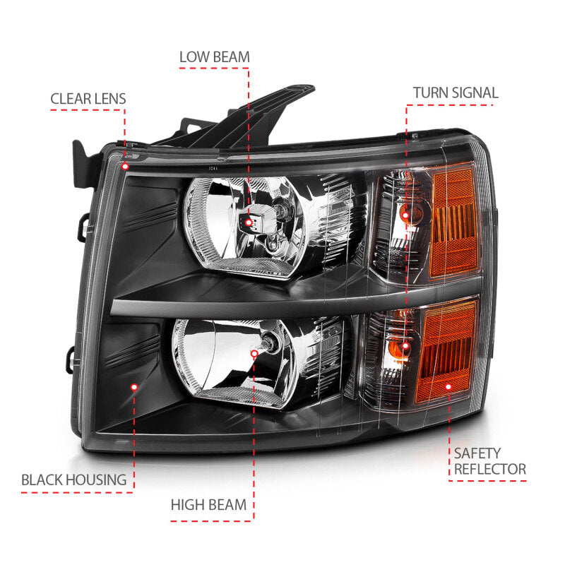 ANZO 2007-2013 Chevrolet Silverado Crystal Headlights Black - 111393