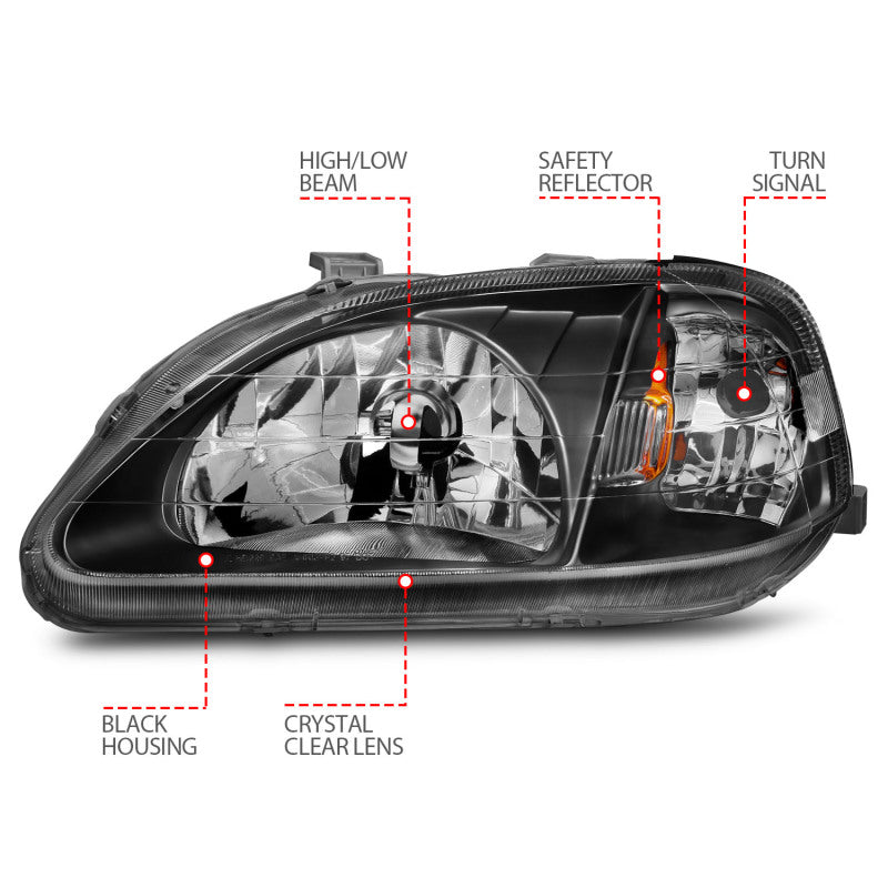 ANZO 1999-2000 Honda Civic Crystal Headlights Black - 121070