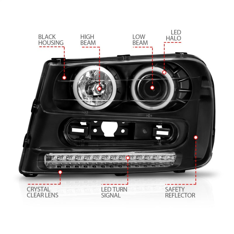 ANZO 2002-2009 Chevrolet Trailblazer Projector Headlights w/ Halo Black - 111127