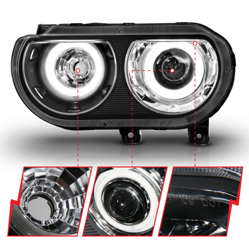 ANZO 2008-2014 Dodge Challenger Projector Headlights w/ Halo Black (CCFL) - 121308