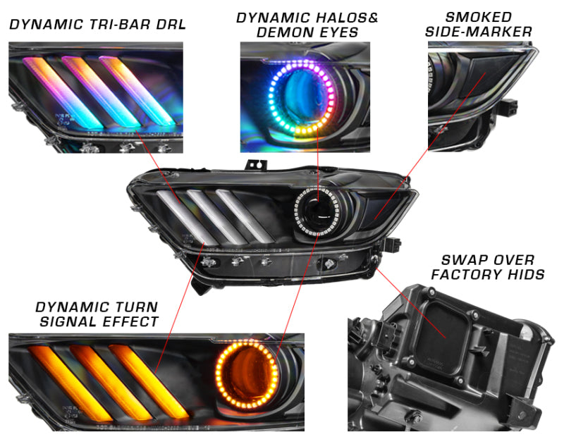 Oracle 15-17 Ford Mustang Dynamic RGB+A Pre-Assembled Headlights - Black - 8199-332