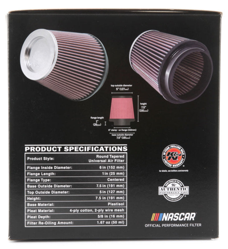 K&N Round Tapered Universal Air Filter 6 inch Flange 7 - RF-1041