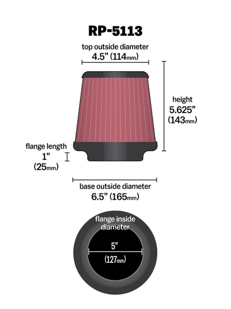 K&N Cone Filter 5in ID 6.5in base 4.5in top 5.625in - RP-5113