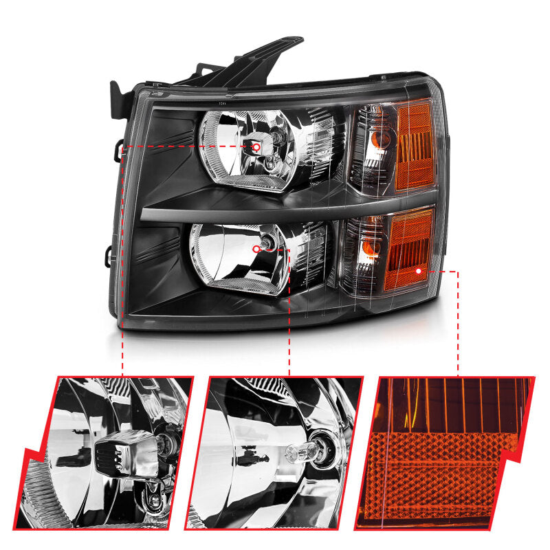 ANZO 2007-2013 Chevrolet Silverado Crystal Headlights Black - 111393