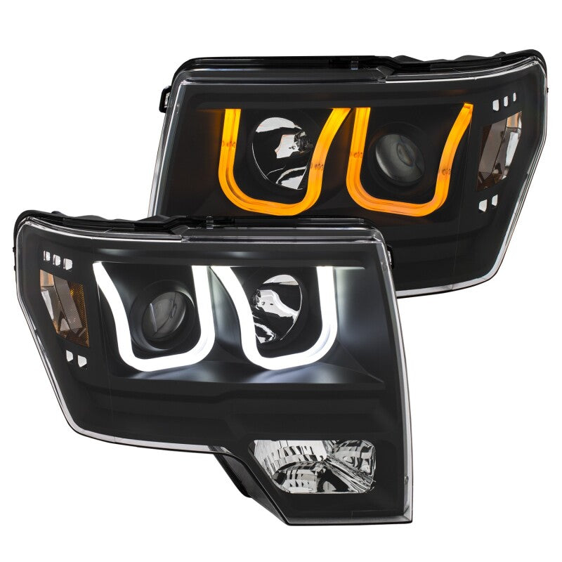 ANZO 2009-2014 Ford F-150 Projector Headlights w/ U-Bar Switchback Black - 111383