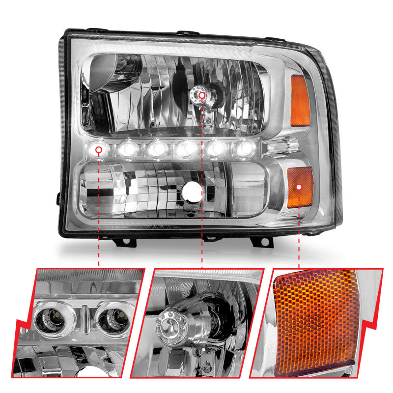 ANZO 2000-2004 Ford Excursion Crystal Headlights Chrome w/ LED 1pc - 111088