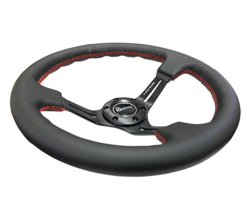 NRG Reinforced Steering Wheel (350mm / 3in. Deep) Black Leather/Red - RST-018R-RS.