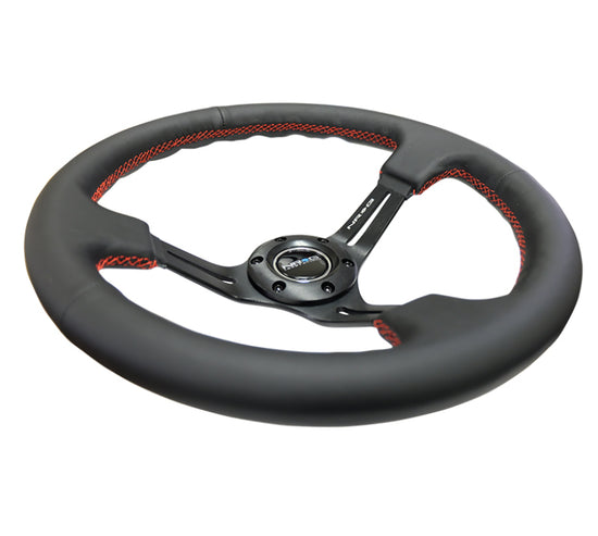 NRG Reinforced Steering Wheel (350mm / 3in. Deep) Black Leather/Red - RST-018R-RS.