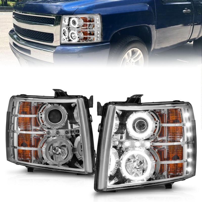 ANZO 2007-2013 Chevrolet Silverado 1500 Projector Headlights w/ Halo Chrome - 111086