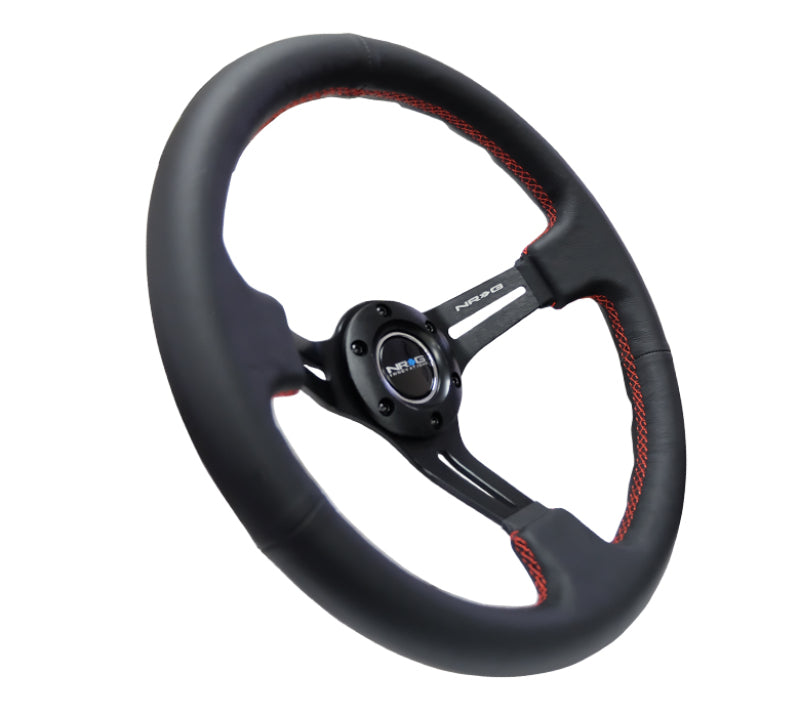 NRG Reinforced Steering Wheel (350mm / 3in. Deep) Black Leather/Red - RST-018R-RS.