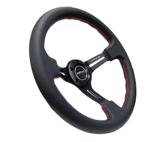 NRG Reinforced Steering Wheel (350mm / 3in. Deep) Black Leather/Red - RST-018R-RS.
