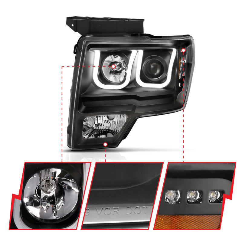 ANZO 2009-2014 Ford F-150 Projector Headlights w/ U-Bar Switchback Black - 111383