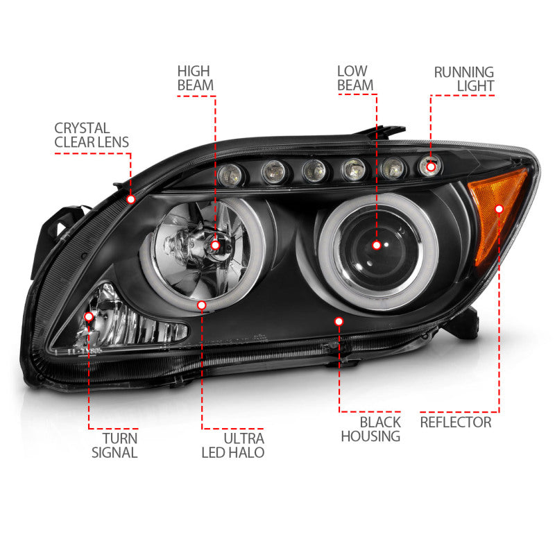 ANZO 2005-2010 Scion Tc Projector Headlights w/ Halo Black (CCFL) - 121119