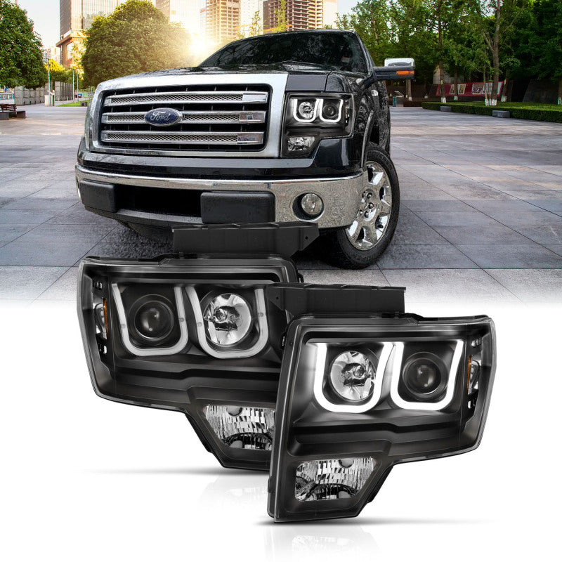 ANZO 2009-2014 Ford F-150 Projector Headlights w/ U-Bar Switchback Black - 111383