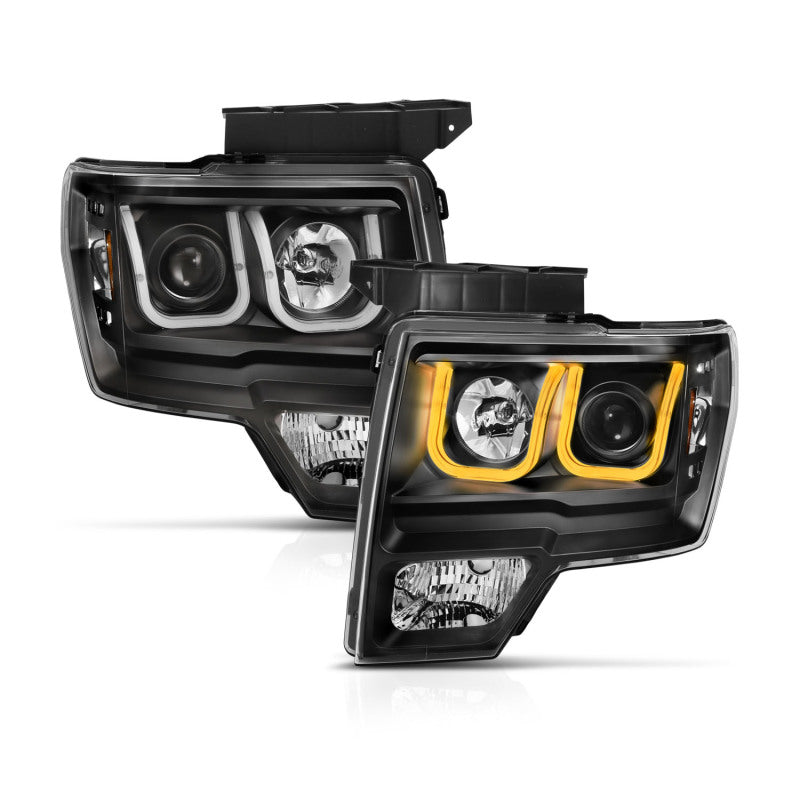 ANZO 2009-2014 Ford F-150 Projector Headlights w/ U-Bar Switchback Black - 111383