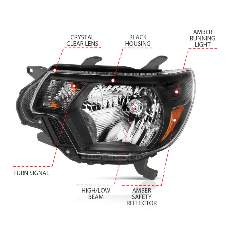 ANZO 2012-2015 Toyota Tacoma Crystal Headlights Black - 111395