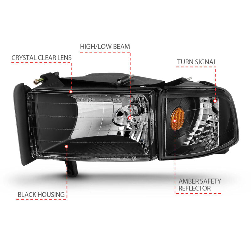 ANZO 1994-2001 Dodge Ram Crystal Headlights Black - 111067