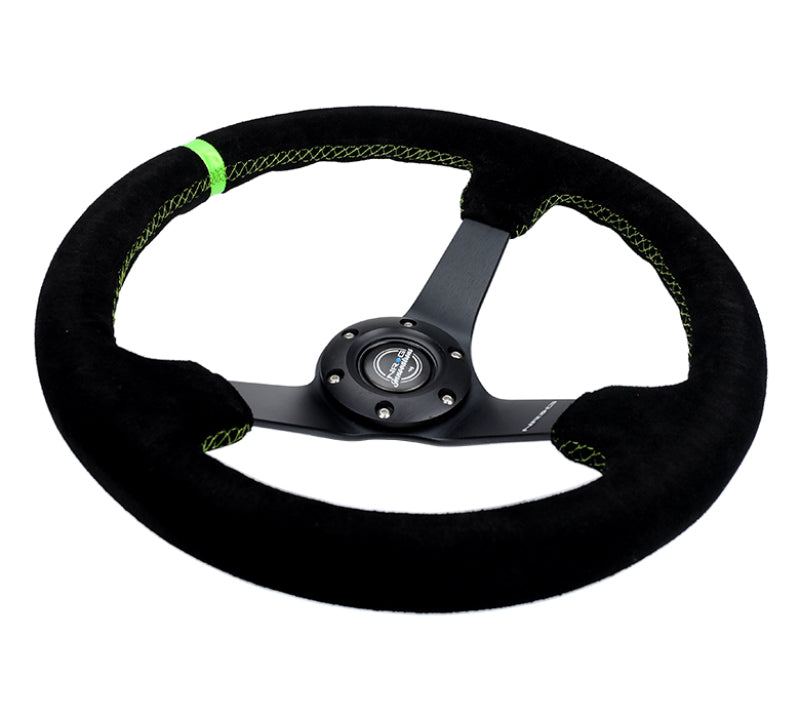 NRG Reinforced Steering Wheel 350mm/3in. Deep Blk Suede/ Neon Green - RST-036MB-S-GN.