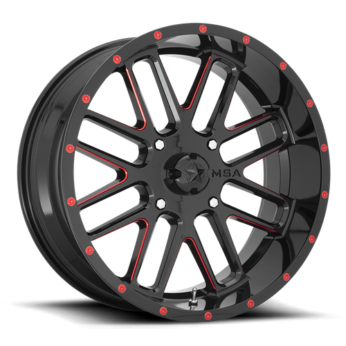Set of 4: MSA Offroad Wheels M35 Bandit Wheel, 20x7.0 +0 Offset 4x156, Gloss Black Milled With Red Tint - M35-020756R