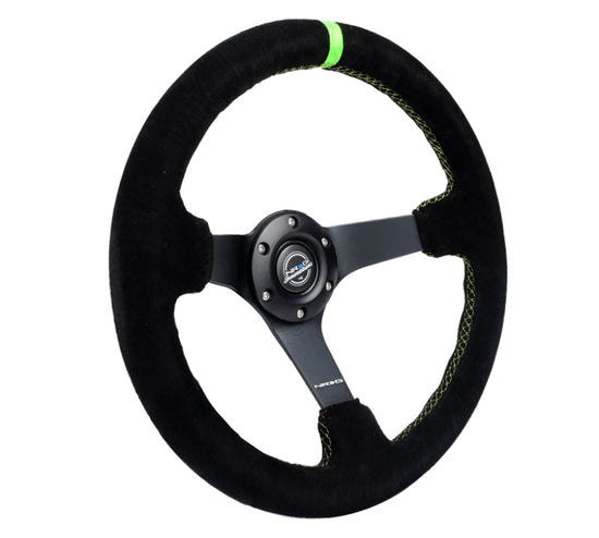 NRG Reinforced Steering Wheel 350mm/3in. Deep Blk Suede/ Neon Green - RST-036MB-S-GN.